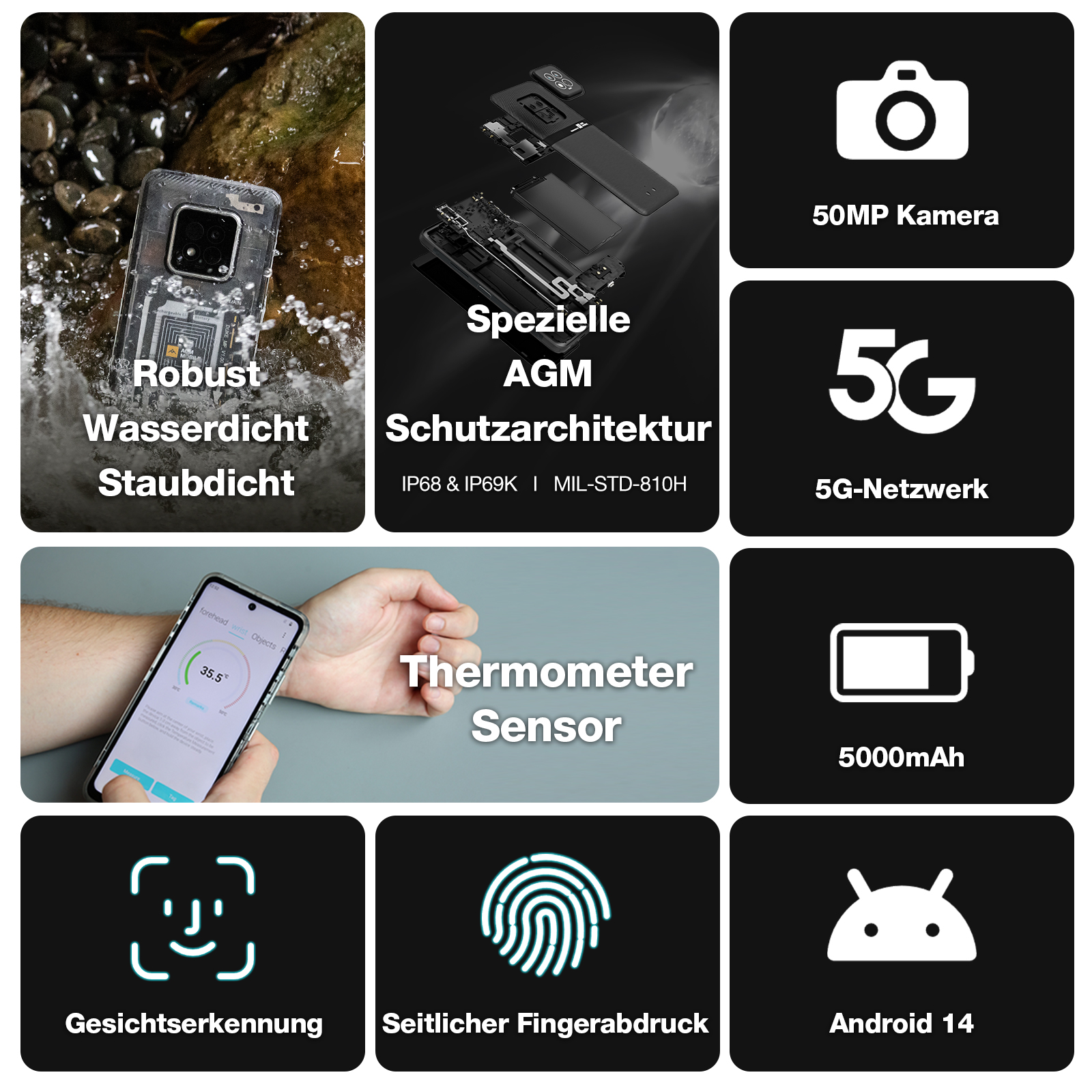 AGM X6 Phantom | Transparent Appearance | Stylish | Octa-Core 5G Rugged Smartphone | Multi-scene Temperature Detection | Customizable Side Button | 50MP Main Camera | Android 14